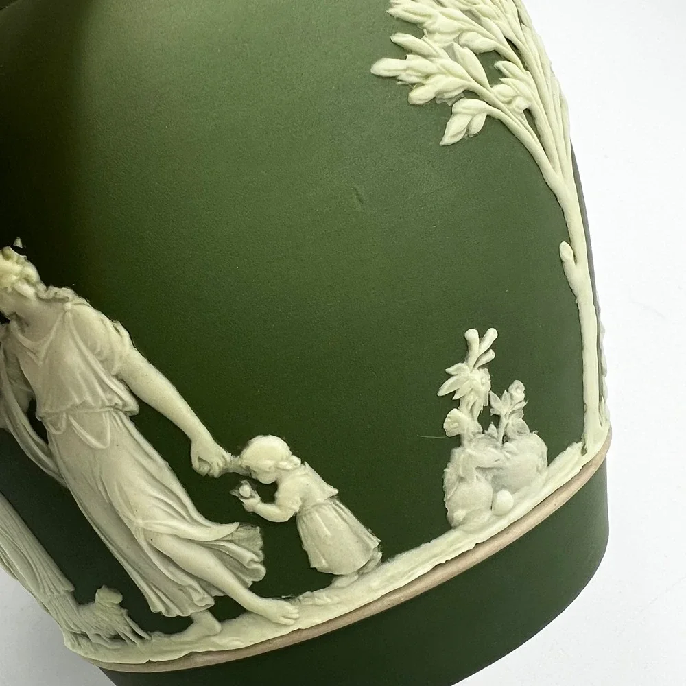 Antique Wedgwood Olive Green Jasper-Dip‎ Pitcher Classical Muses Relief 1800's
